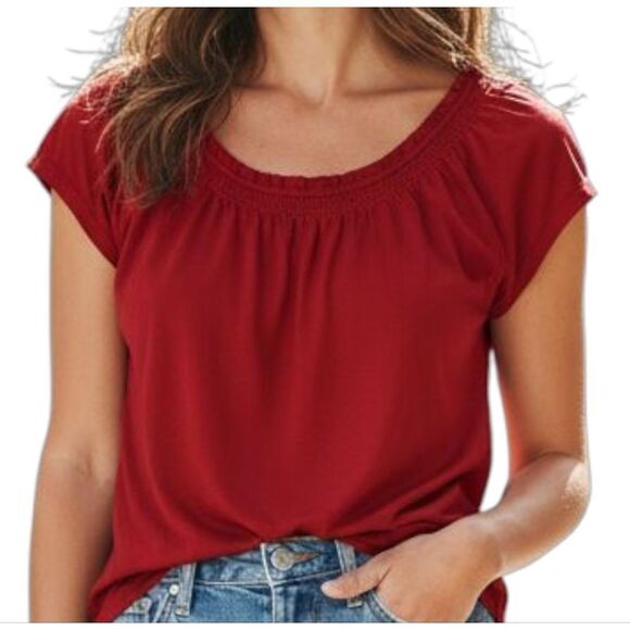 Ann Taylor LOFT Womens M Red Short Sleeve Crew Neck Top With Crochet Seersucker - Picture 1 of 3